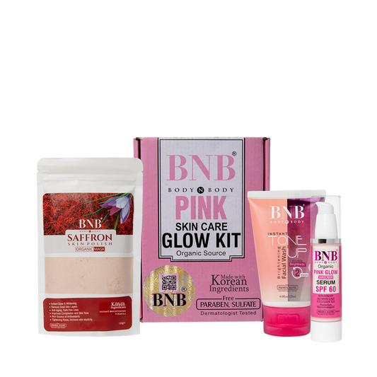 3pc BNB Pink Glow Kit – Toneup Facewash + Saffron Mask + Pink Glow Sunscreen | Brightening, Glowing & Hydrating Skincare Set for Women